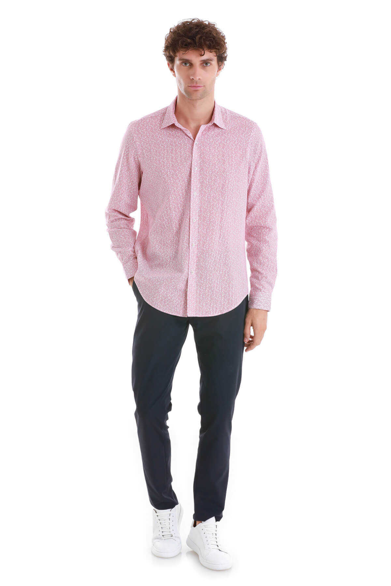 Pembe Comfort Fit Baskılı Slim Yaka Uzun Kollu Spor Gömlek - Hatem Saykı (1)