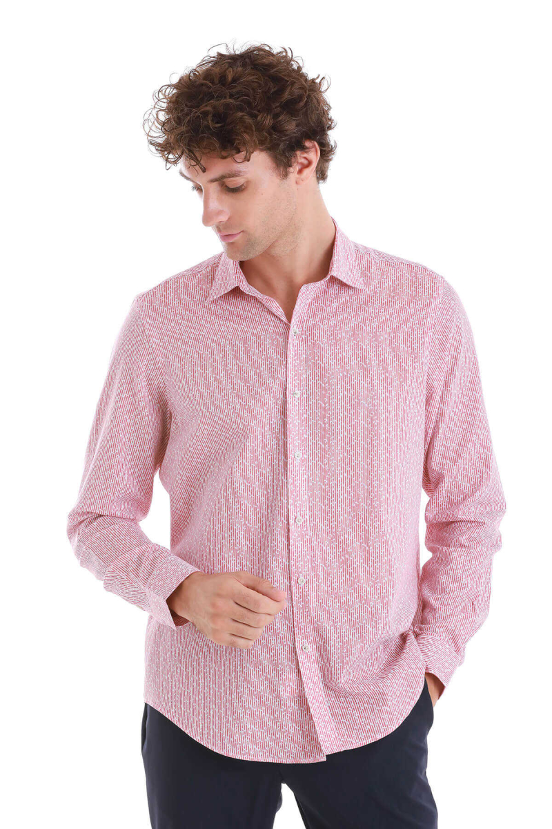 Pembe Comfort Fit Baskılı Slim Yaka Uzun Kollu Spor Gömlek - Hatem Saykı (1)