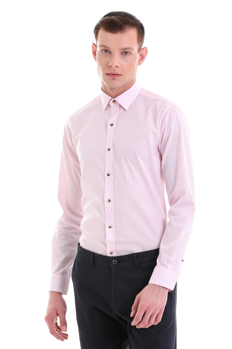 Pembe Comfort Fit Çizgili %100 Pamuklu Slim Yaka Uzun Kollu Casual Gömlek - Hatem Saykı