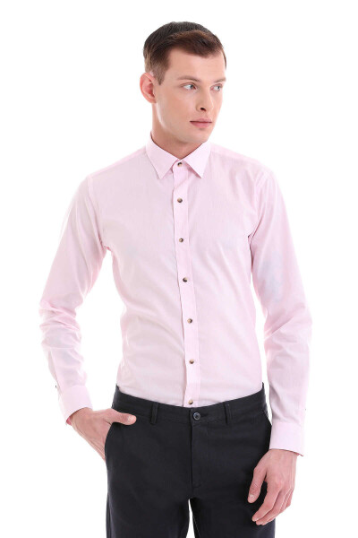 Pembe Comfort Fit Çizgili %100 Pamuklu Slim Yaka Uzun Kollu Casual Gömlek - 3