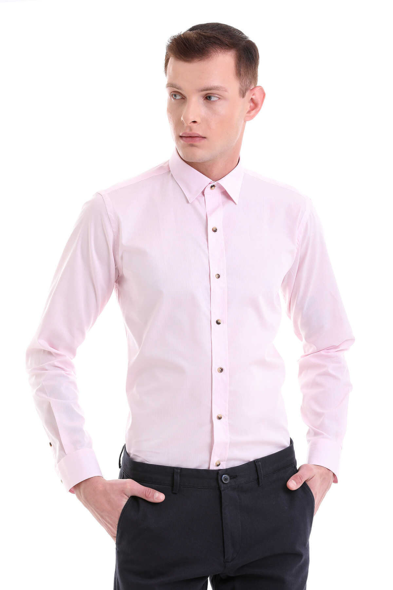 Pembe Comfort Fit Çizgili %100 Pamuklu Slim Yaka Uzun Kollu Casual Gömlek - Hatem Saykı (1)