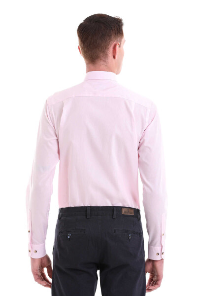 Pembe Comfort Fit Çizgili %100 Pamuklu Slim Yaka Uzun Kollu Casual Gömlek - 6