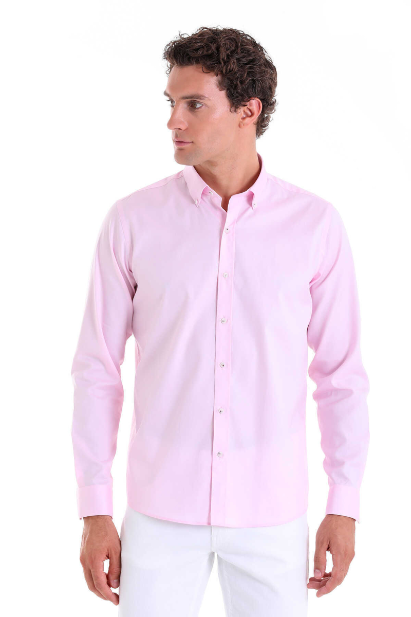 Pembe Comfort Fit 100% Pamuk Düğmeli Yaka Uzun Kollu Casual Gömlek - Hatem Saykı (1)