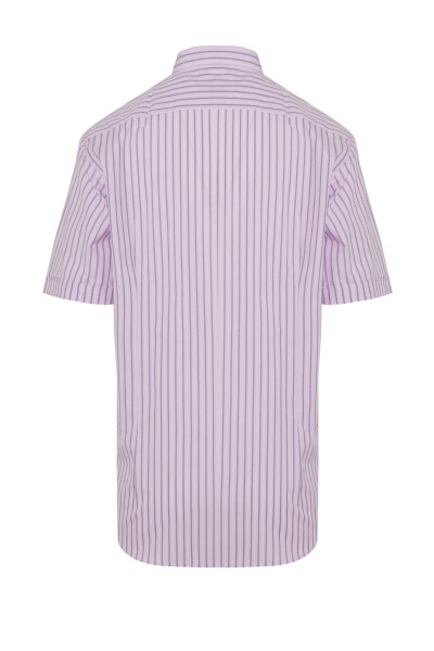 Pembe Klasik Fit Çizgili 100% Pamuk Slim Yaka Kısa Kol Klasik Gömlek - 2