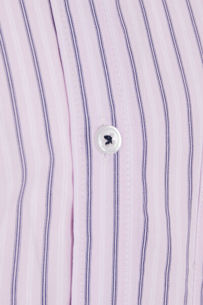 Pembe Klasik Fit Çizgili 100% Pamuk Slim Yaka Kısa Kol Klasik Gömlek - 3