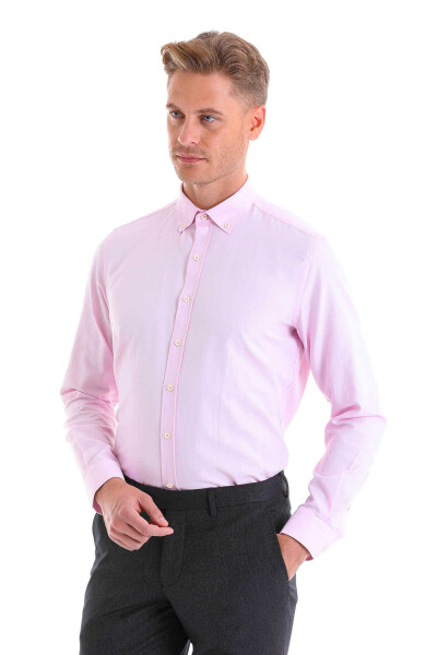 Pembe Comfort Fit Pamuklu Düğmeli Yaka Uzun Kollu Casual Gömlek - 3