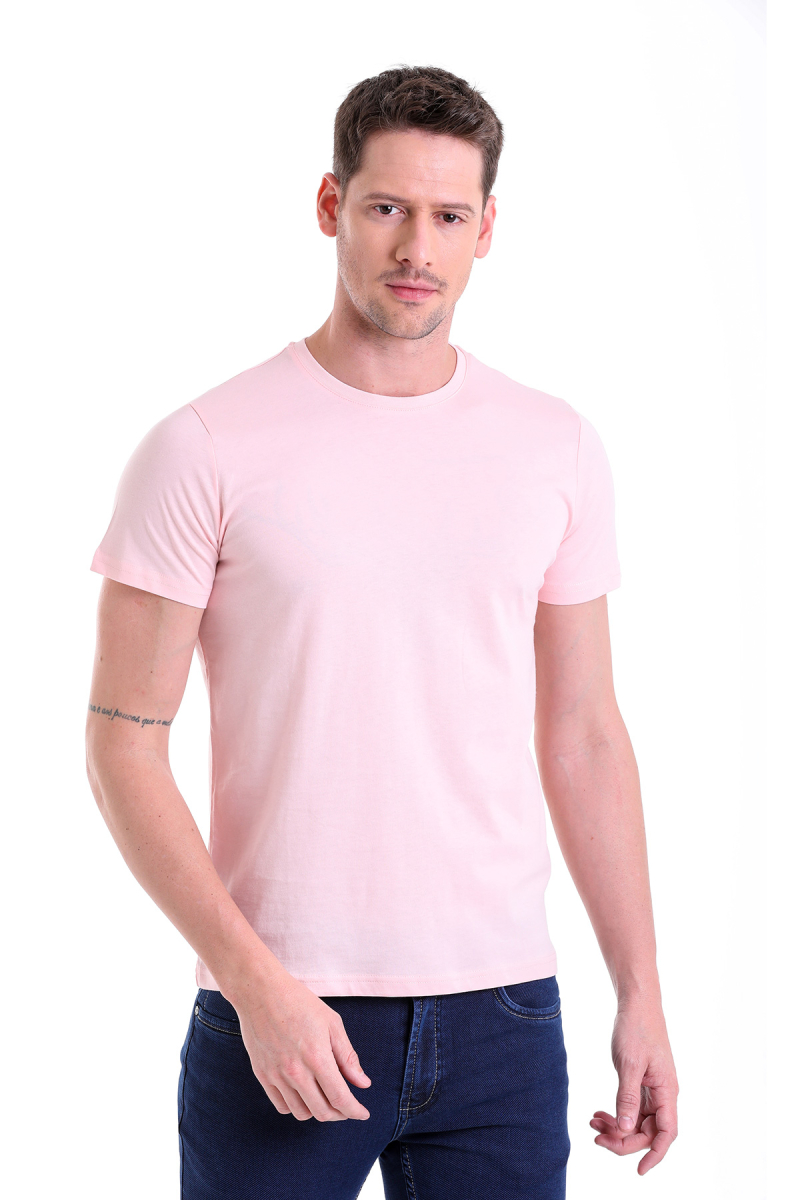 Pembe Regular Fit Bisiklet Yaka 100% Pamuk Tişört - HTML