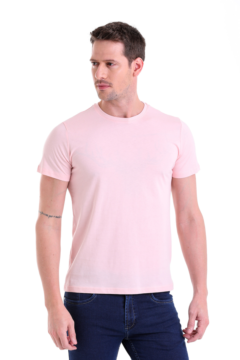 Pembe Regular Fit Bisiklet Yaka 100% Pamuk Tişört - HTML (1)