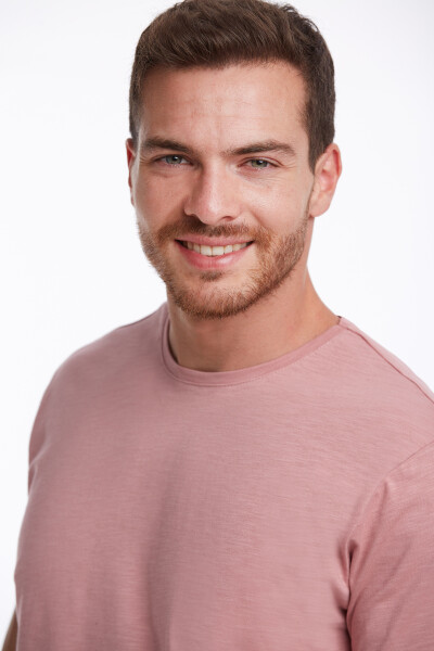 Pembe Slim Fit 100% Pamuk Bisiklet Yaka Tişört - 5