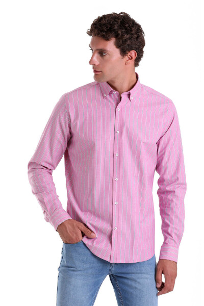 Pembe Slim Fit Çizgili Pamuklu Düğmeli Yaka Uzun Kollu Casual Gömlek - 3