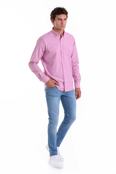 Pembe Slim Fit Çizgili Pamuklu Düğmeli Yaka Uzun Kollu Casual Gömlek - 4