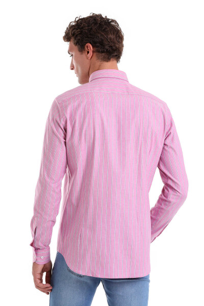 Pembe Slim Fit Çizgili Pamuklu Düğmeli Yaka Uzun Kollu Casual Gömlek - 6