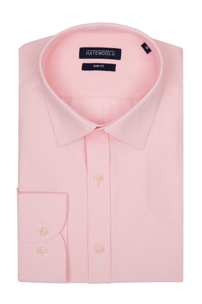Pembe Slim Fit Pamuklu Slim Yaka Uzun Kollu Klasik Gömlek 