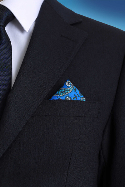 Mavi Desenli Klasik Saten Cep Mendili - 2