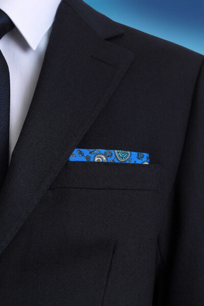 Mavi Desenli Klasik Saten Cep Mendili - 3