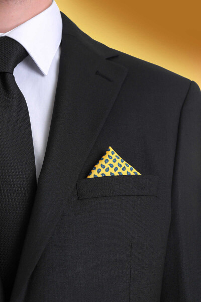 Sarı Desenli Klasik Saten Cep Mendili - 2