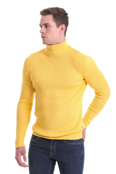 Sarı Slim Fit Fitilli Balıkçı Yaka Yünlü Triko Kazak - 2