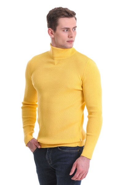 Sarı Slim Fit Fitilli Balıkçı Yaka Yünlü Triko Kazak - 3