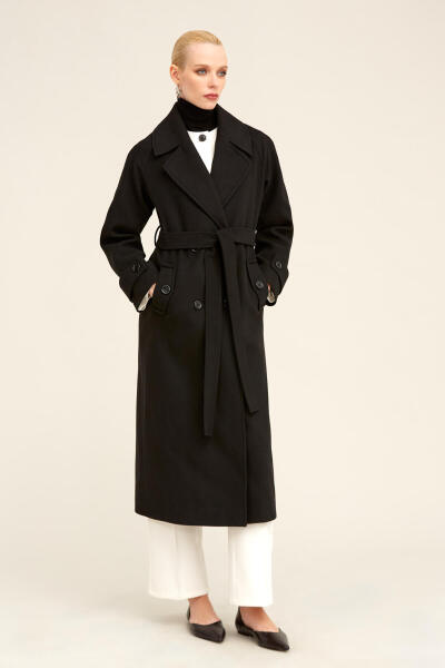 Saykı Woman Siyah Dinamik Fit Ceket Yaka Kaşe Yünlü Manto - 2