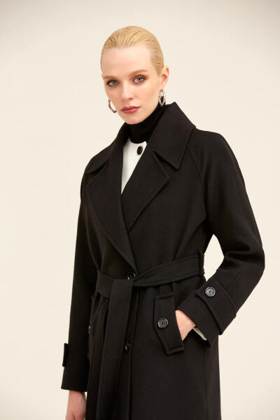 Saykı Woman Siyah Dinamik Fit Ceket Yaka Kaşe Yünlü Manto - 8