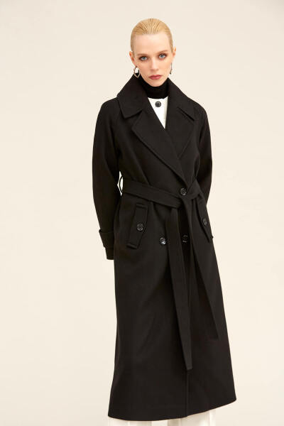 Saykı Woman Siyah Dinamik Fit Ceket Yaka Kaşe Yünlü Manto - 9