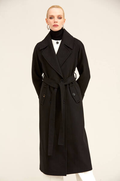 Saykı Woman Siyah Dinamik Fit Ceket Yaka Kaşe Yünlü Manto - 10