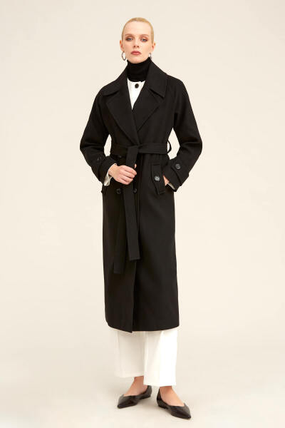 Saykı Woman Siyah Dinamik Fit Ceket Yaka Kaşe Yünlü Manto - 14