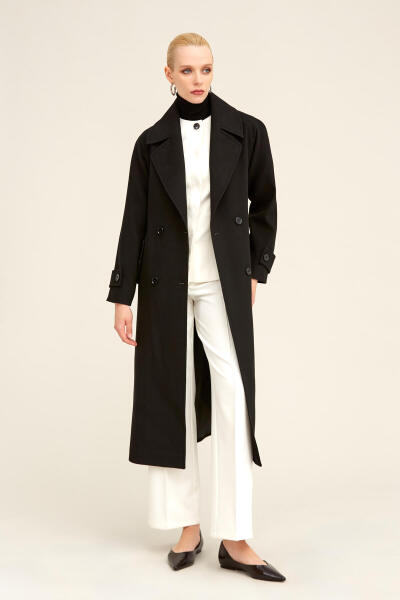 Saykı Woman Siyah Dinamik Fit Ceket Yaka Kaşe Yünlü Manto - 16