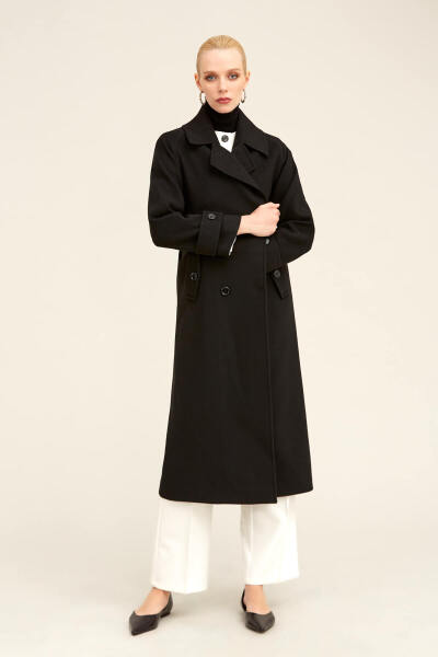 Saykı Woman Siyah Dinamik Fit Ceket Yaka Kaşe Yünlü Manto - 17