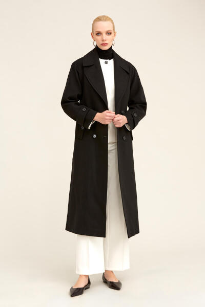 Saykı Woman Siyah Dinamik Fit Ceket Yaka Kaşe Yünlü Manto - 21