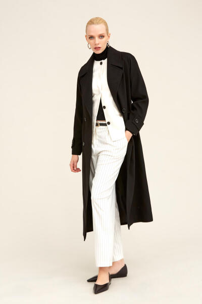 Saykı Woman Siyah Dinamik Fit Ceket Yaka Kaşe Yünlü Manto - 22