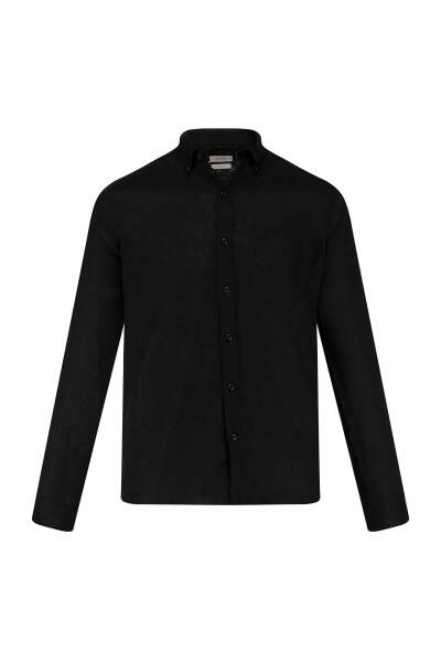 Siyah Comfort Fit 100% Keten Düğmeli Yaka Uzun Kollu Keten Gömlek 