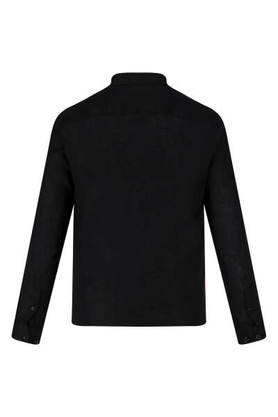 Siyah Comfort Fit 100% Keten Düğmeli Yaka Uzun Kollu Keten Gömlek - 3