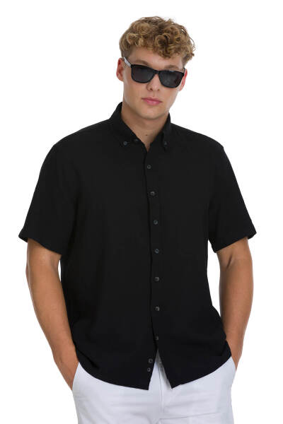 Siyah Comfort Fit 100% Pamuk Düğmeli Yaka Kısa Kollu Pamuk Gömlek - HTML