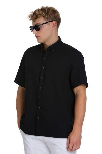 Siyah Comfort Fit 100% Pamuk Düğmeli Yaka Kısa Kollu Pamuk Gömlek - 3