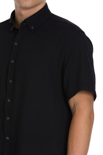 Siyah Comfort Fit 100% Pamuk Düğmeli Yaka Kısa Kollu Pamuk Gömlek - 4