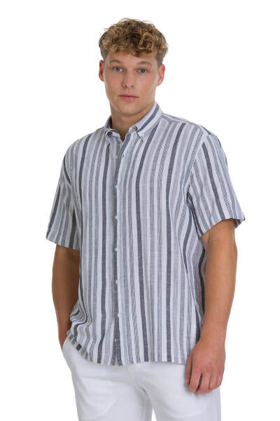 Siyah Comfort Fit 100% Pamuk Düğmeli Yaka Kısa Kollu Pamuk Gömlek 