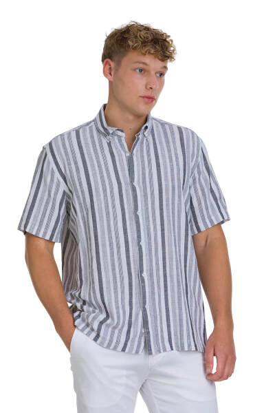 Siyah Comfort Fit 100% Pamuk Düğmeli Yaka Kısa Kollu Pamuk Gömlek - 3