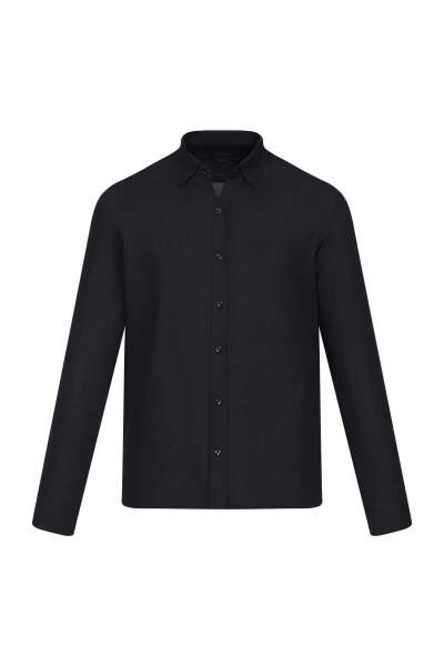 Siyah Comfort Fit 100% Pamuk Düğmeli Yaka Uzun Kollu Casual Gömlek - 6