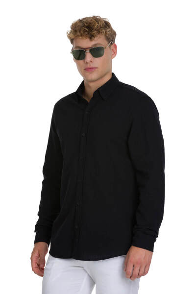 Siyah Comfort Fit 100% Pamuk Gizli Düğmeli Yaka Uzun Kollu Pamuklu Gömlek 