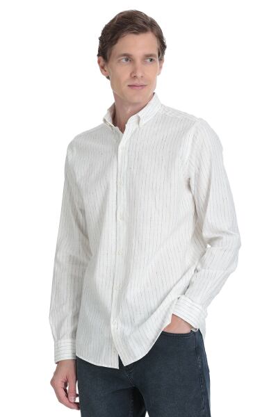 Siyah Comfort Fit Çizgili Düğmeli Yaka Pamuk-Keten Uzun Kollu Gömlek 