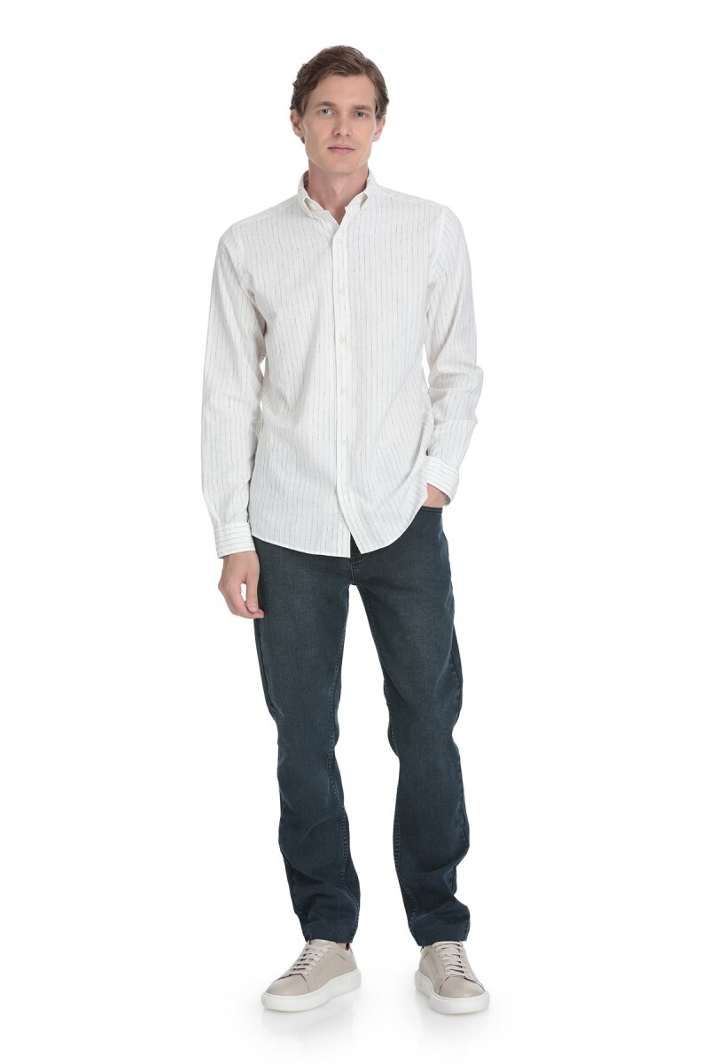 Siyah Comfort Fit Çizgili Düğmeli Yaka Pamuk-Keten Uzun Kollu Gömlek - Saykı (1)