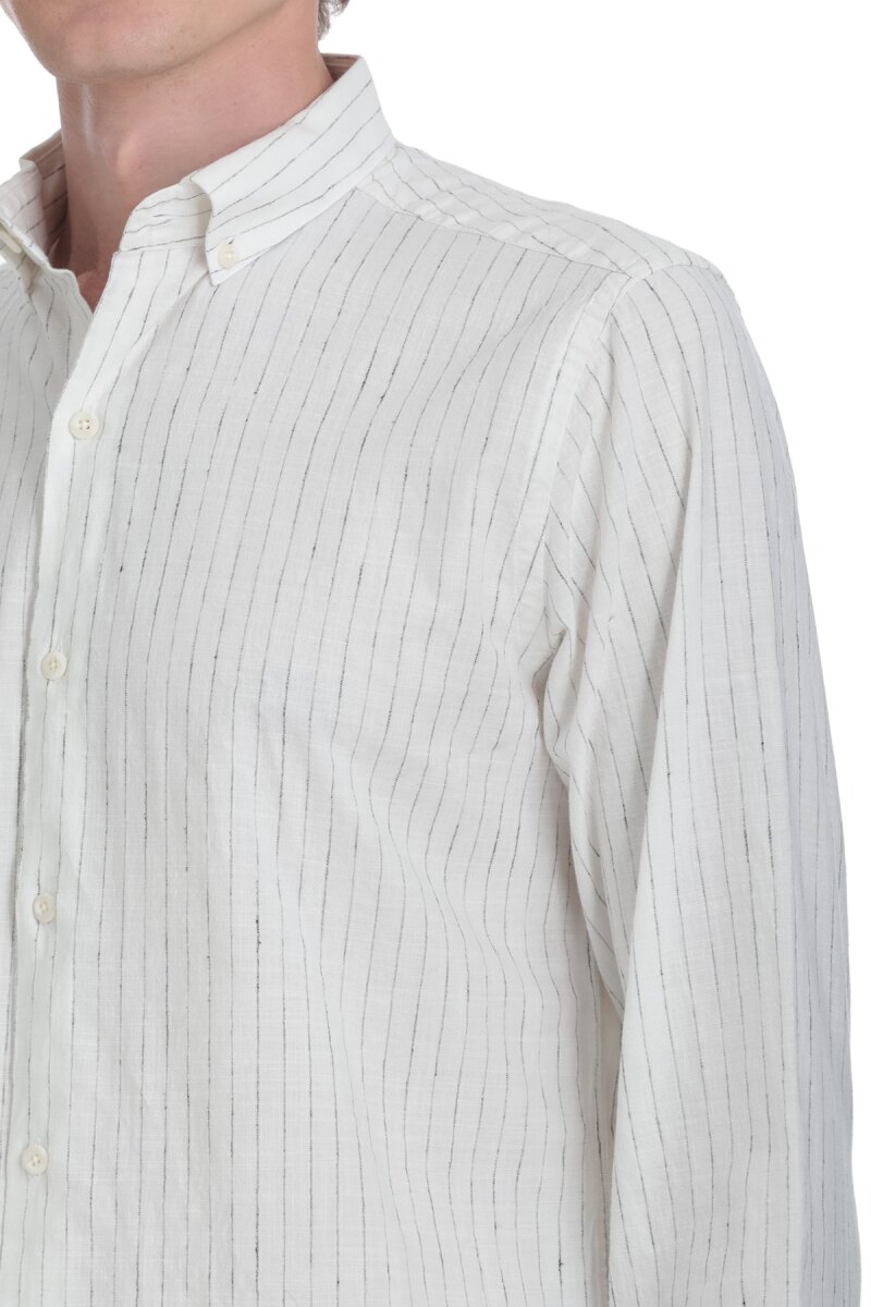 Siyah Comfort Fit Çizgili Düğmeli Yaka Pamuk-Keten Uzun Kollu Gömlek - Saykı (1)