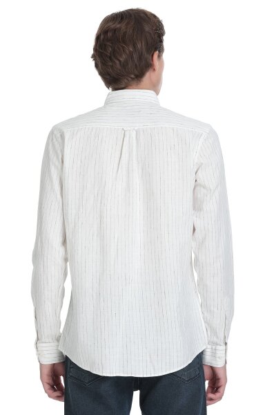 Siyah Comfort Fit Çizgili Düğmeli Yaka Pamuk-Keten Uzun Kollu Gömlek - 5