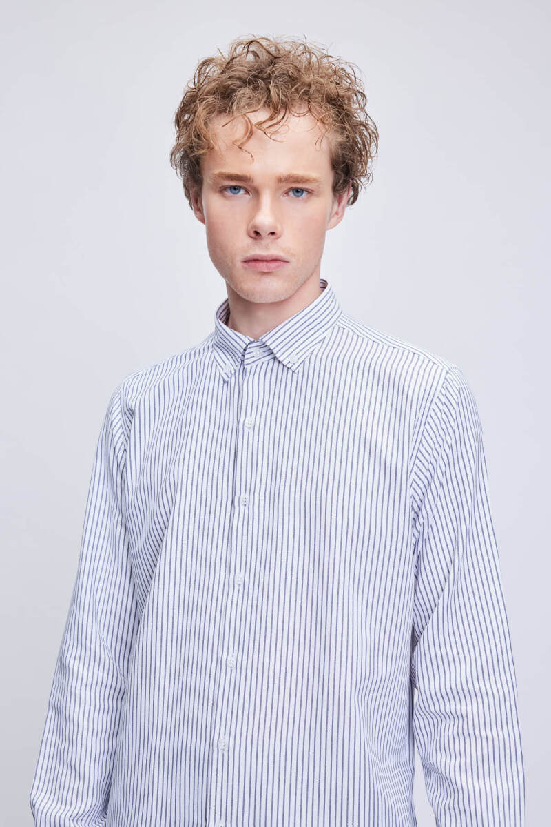 Siyah Comfort Fit Çizgili Pamuklu Düğmeli Yaka Uzun Kollu Casual Gömlek - Hatemoğlu (1)