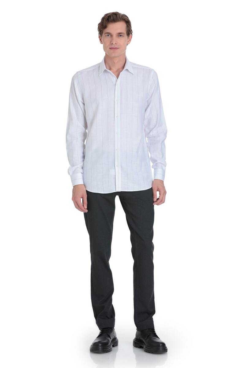 Siyah Comfort Fit Çizgili Slim Yaka 100% Pamuk Uzun Kollu Spor Gömlek - Saykı (1)