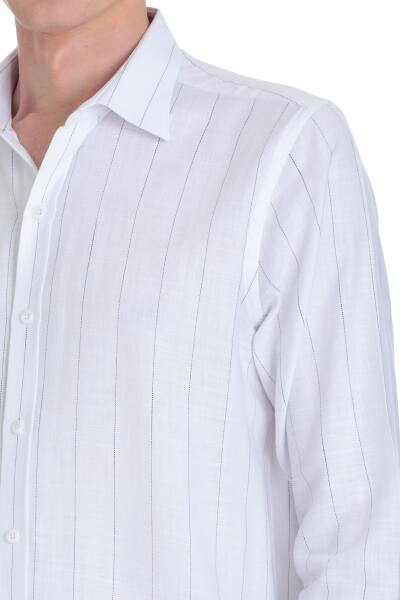 Siyah Comfort Fit Çizgili Slim Yaka 100% Pamuk Uzun Kollu Spor Gömlek - 4