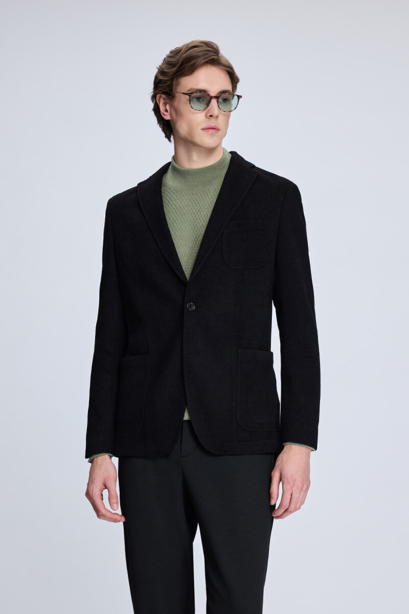 Siyah Comfort Fit Desenli Mono Yaka Klasik Ceket - HTML