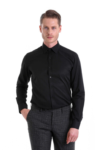 Siyah Comfort Fit Desenli Pamuklu Slim Yaka Uzun Kollu Klasik Gömlek 