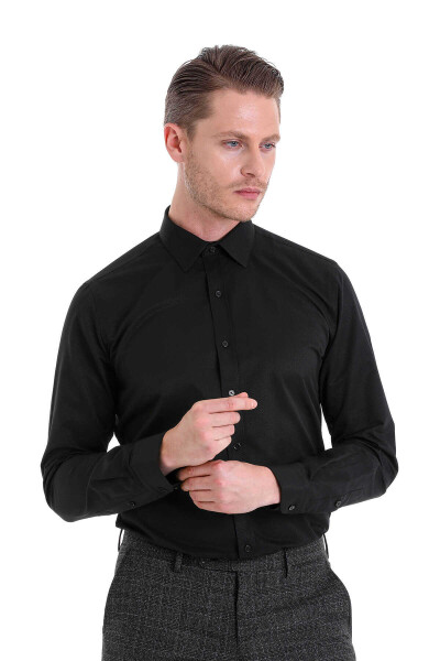 Siyah Comfort Fit Desenli Pamuklu Slim Yaka Uzun Kollu Klasik Gömlek - 2
